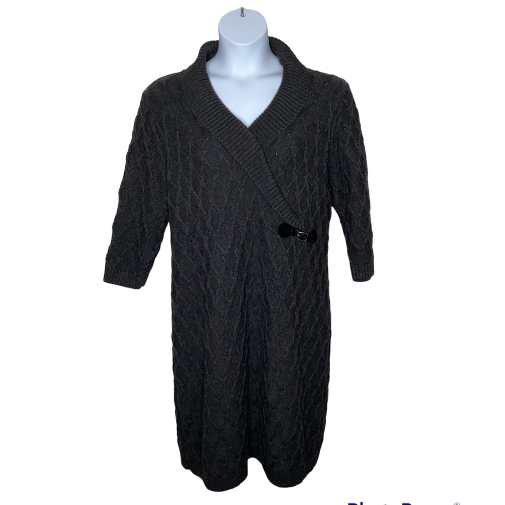 Calvin Klein Size 14 Sweater Dress Gray Faux Wrap 3/4 Sleeves V Neck Collared